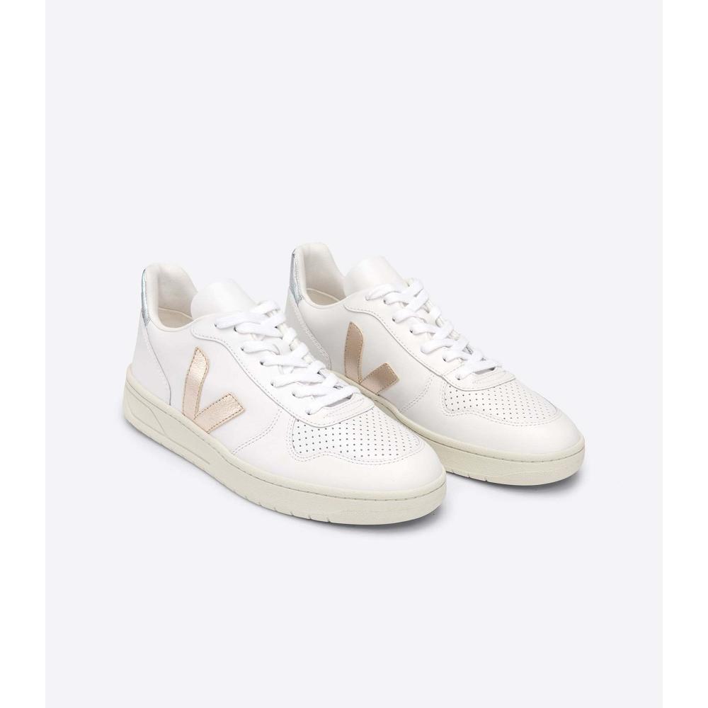 Veja V-10 LEATHER Sneakers Dames White/Silver | NL 650DFM